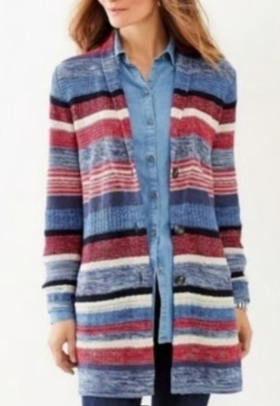 J.Jill Cardigan Women L Blue Red Cream Striped Button Front Pockets Long Cotton